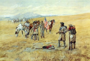 アメリカインディアン Painting - ショショーニ族と会うルイス船長 1903年 チャールズ・マリオン・ラッセル アメリカン・インディアン